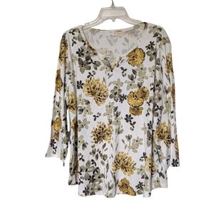 Chico's White Floral Split Neck Casual 100% Cotton Top Size 2X
